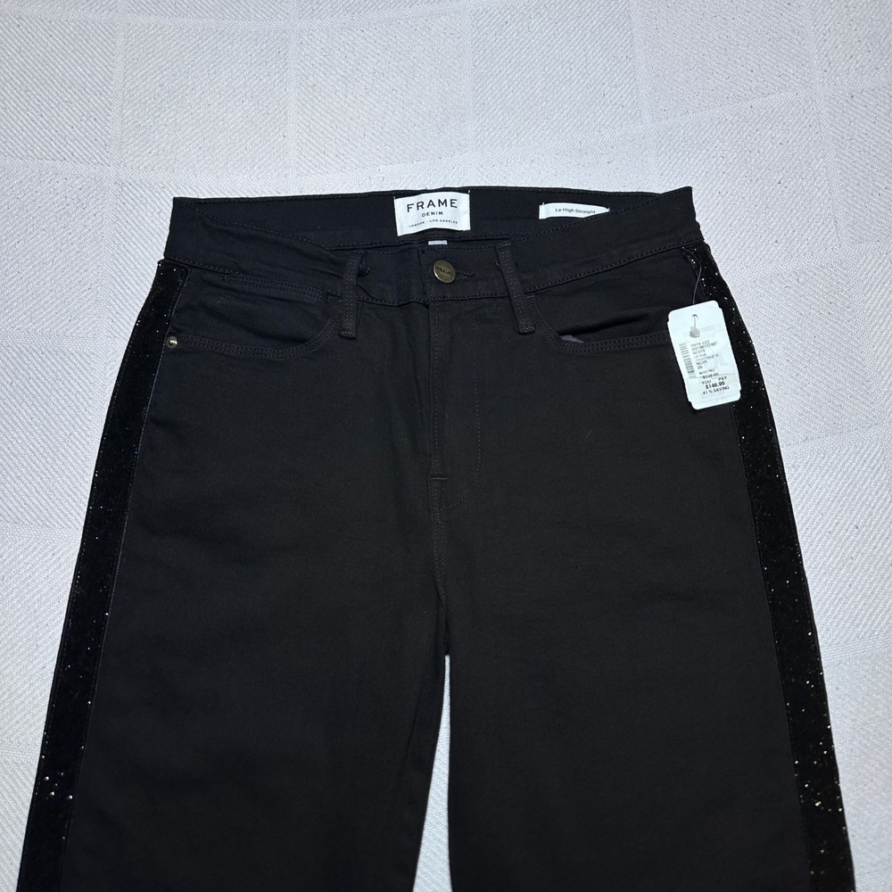 NEW FRAME Le High Straight Jeans Womens 28 Glitter Velour Stripe Raw Hem Black - Picture 2 of 15